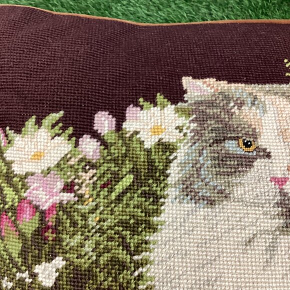 Vintage Cat Needlepoint Tapestry Pillow Long Haired Calico - Picture 3 of 11